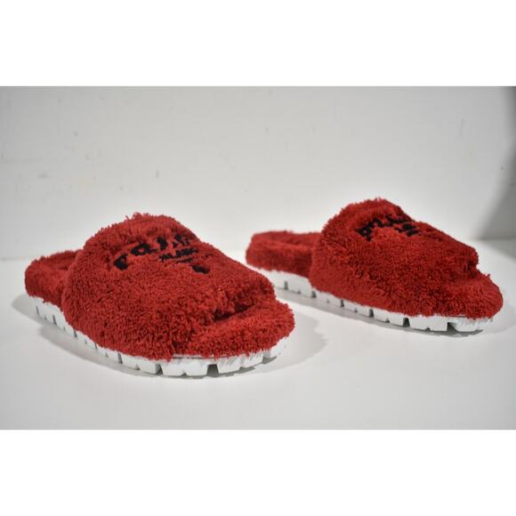 Prada Terry Cloth Roso Red Black Logo Slide Sandal Rubber Sole Flip Flop Flat 37 - Picture 4 of 11